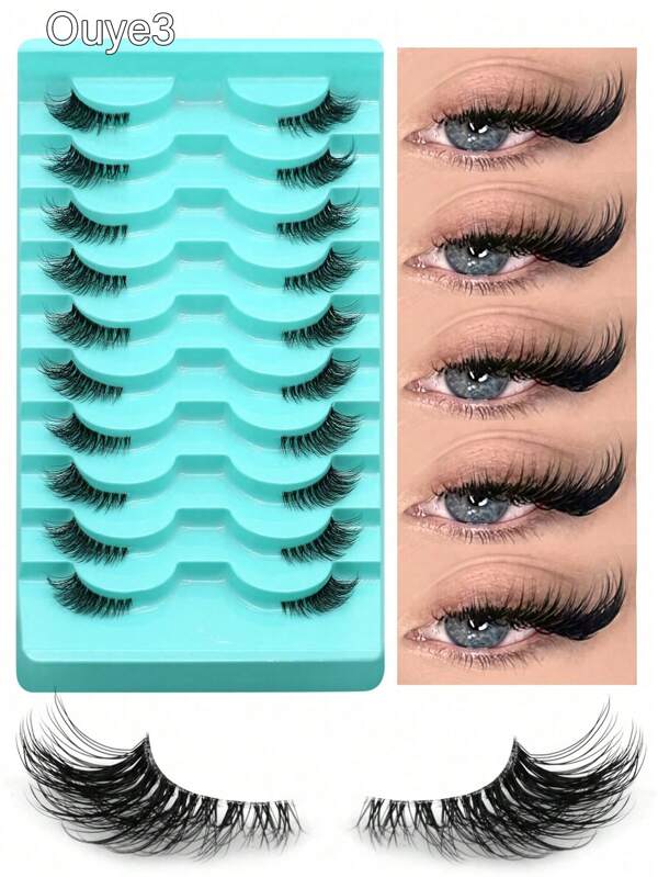 Ouye3 10 Pairs Half Lashes Natural Look Wispy False Eyelashes 3D Fluffy Faux Mink Lashes Wispy Cat Eye Eyelashes Makeup