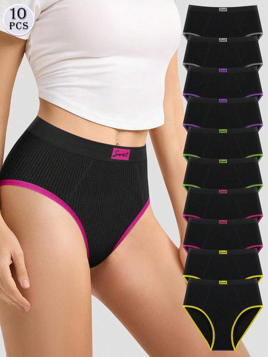 10pcs/Set Women's Mid-Waist Triangle Panties, Minimalist, Contrast Color, Soft, Breathable - Multicolor - View 1