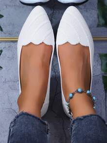 2025 Autumn Women's Pointed Toe Slip-On Knitted Striped Flat Shoes, Solid Color Bohemian Chic Fashion Casual Comfortable Outdoor Cute Ribbed Flats, Suitable For Holiday, Party, Home, Office, Outdoor, All Seasons - White - View 8