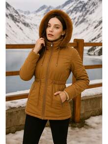 Women's Double-Sided Plush Parka Jacket With Removable Hood Pockets Casual Elegant Coated Fabric 2-In-1 Pocket Daily Travel Brunch Airport Outfits - Màu nâu  Mocha - Xem 2