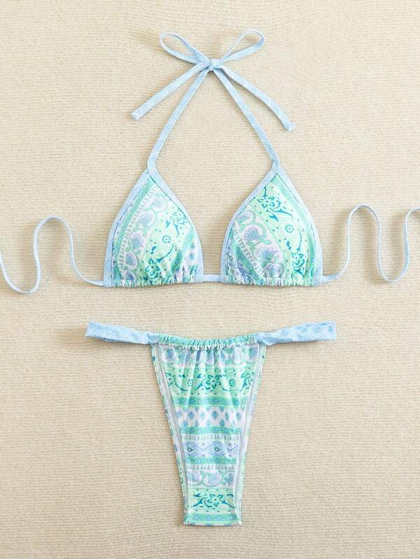Women's Summer Beach Floral Print Halter Tie Sexy Bikini Two-Piece Swimsuit