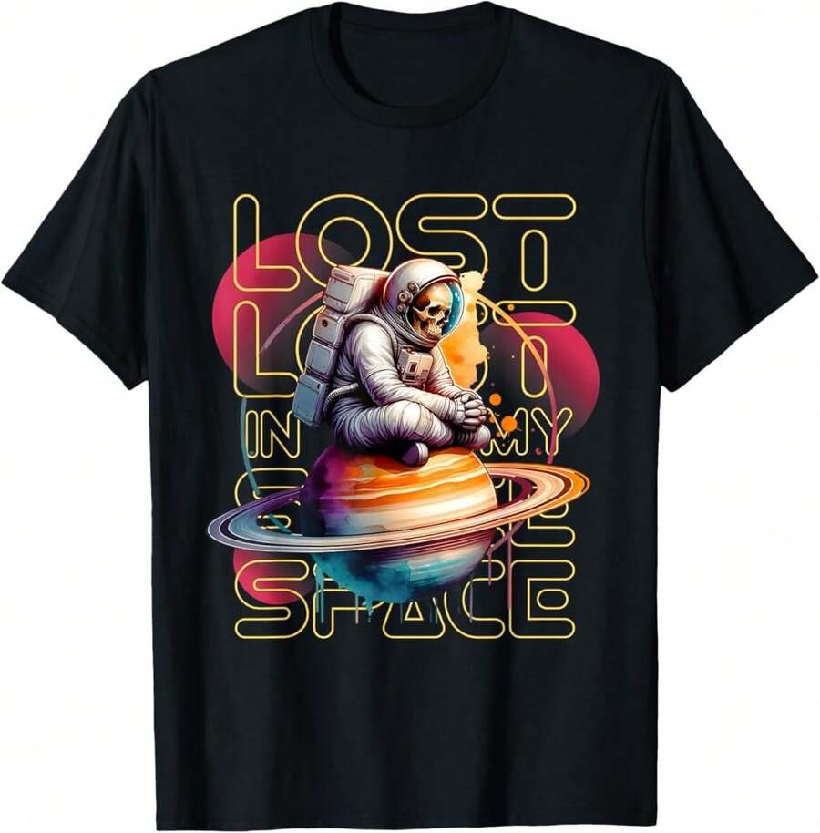 Lost In My Space Skeleton Astronaut Breathable T-Shirt - Black - View 1
