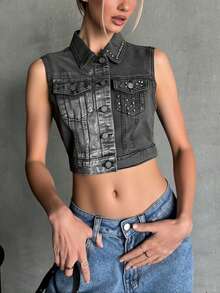 Chaleco vaquero versátil de moda para mujer, color sólido, informal, con bolsillo frontal y botones, para escenario y conciertos - Negro - Ver 1