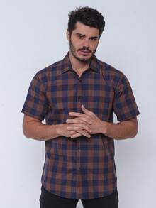Rand paul Men's Casual Slim Fit Short Sleeve Plaid Shirt Slim Fit Modern And Versatile Style - 棕色 - 查看 5