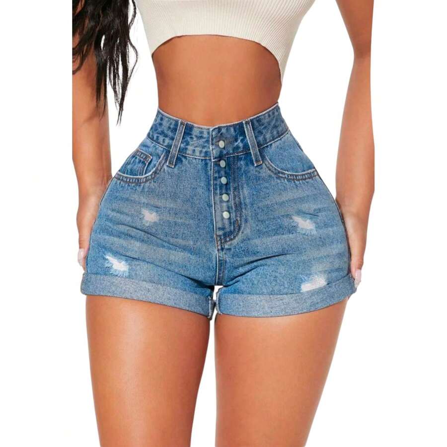 short sexy para mujer de mezclilla talle alto - Azul - Ver 1