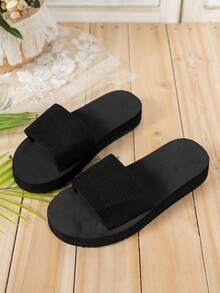 黑色休闲舒适拖鞋凉鞋一脚蹬，轻质弹力带粗跟泡沫鞋底，适合海滩、度假、夏季通勤