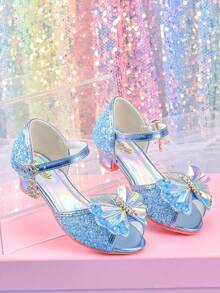 女童时尚蓝色蝴蝶结水晶高跟凉鞋，学生公主鞋