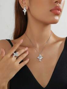 4pcs Elegant 18K Gold Plated Four-Pointed Star Jewelry Set For Women, Including Stud Earrings, Ring And Choker Necklace, Copper Base, Fashionable Jewelry For Women, Ideal For Daily Wear & Gifting, Perfect For Valentine'S Day