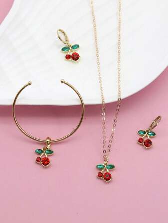 4pcs Summer Sweet Cute Cherry Pendant Necklace, Earrings, Bracelet & Choker Fruit & Leaf Jewelry Set, Suitable For Daily Wear