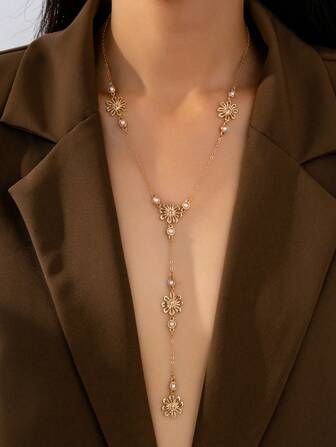 1pc Fashionable Hollow Flower Pearl Y-Shaped Long Necklace