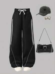 宽松高腰阔腿裤，适合青春期女孩，配有侧丝带和反光绳，适合春夏秋季日常穿着、外出和户外活动（腰部有蝴蝶结绳，无弹性）