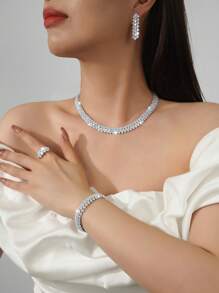 5pcs Set Cubic Zirconia Necklace Earrings Jewelry Set For Women, Including Earrings, Ring, Bracelet, Necklace, Suitable For Daily Outing, Party, Wedding, Birthday, Festival Occasions