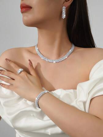 Set de 3 piezas de joyería para mujer que incluye collar, aretes, anillo y brazalete, decorados con circonita cúbica, adecuados para uso diario, fiestas, bodas y celebraciones de cumpleaños