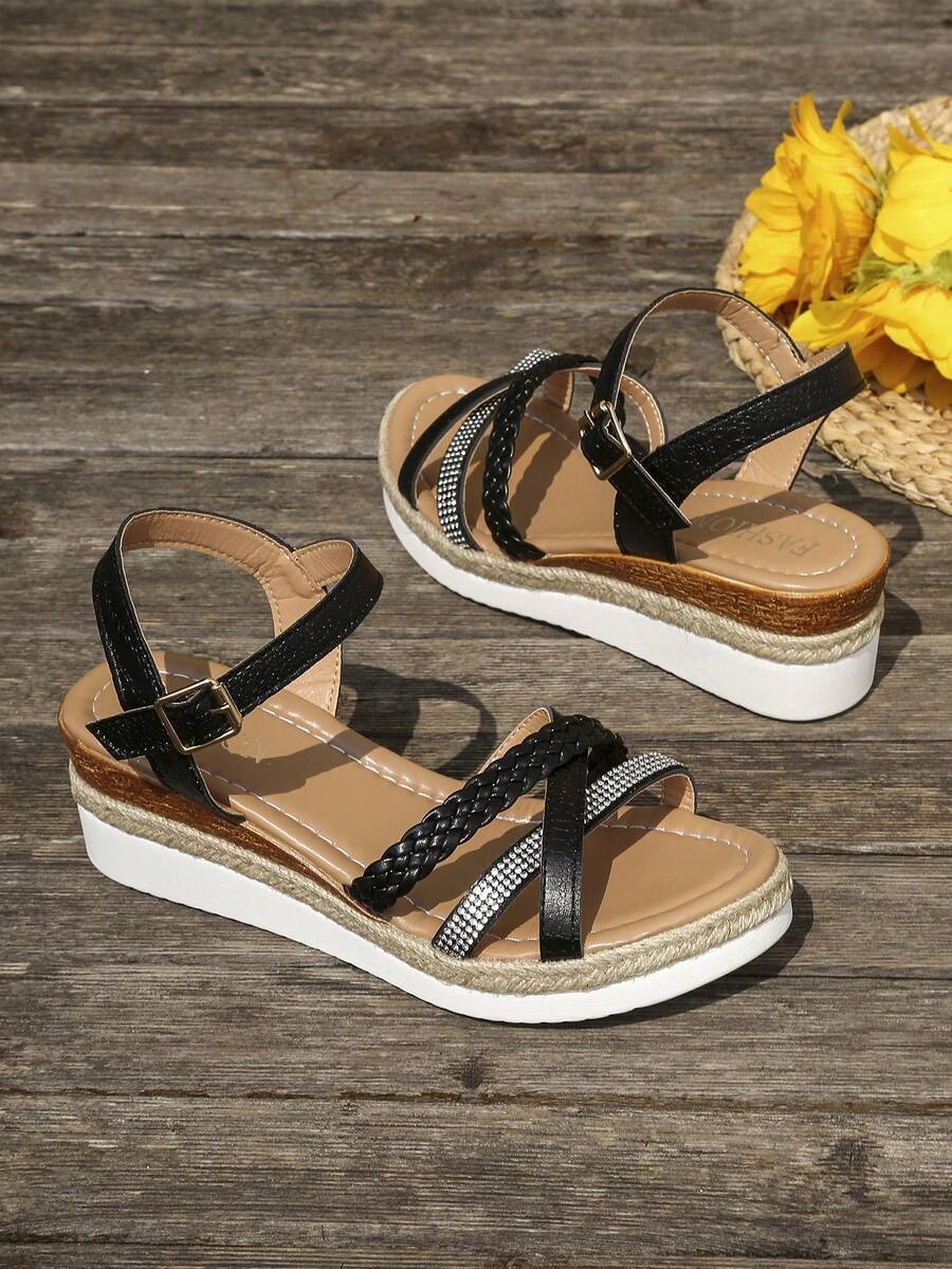Aijiangluo Giày sandal nữ màu đen thời trang mới, nhẹ, đa năng, đính đá lấp lánh, hở mũi, đế dày, kiểu dáng nghỉ hè, quai đan, đế xuồng, thích hợp cho hẹn hò, mua sắm, đi làm, dự tiệc, đi biển. - màu đen - Xem 1