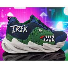 Tenis de luces para niño y niña, unisex, zapatillas de focos color azul con verde, gris con verde, antiderrapante, prende al golpear el suelo, material tela, diseño de dinosaurio moderno - Azul Marino - Ver 2