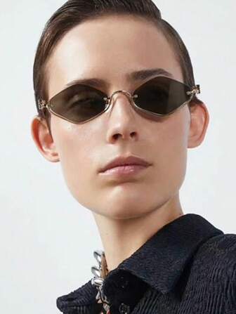 1pc Semi-Rimless Rhombus Metal Small Frame Fashionable Glasses, Women Minimalist European&American Street Style Glasses, Suitable For Beach Holiday Boho Style
