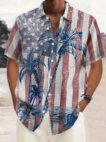4th Of July US Flag & Palm Tree Print Men Short Sleeve Hawaiian Shirt - Multicolor - View 2