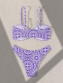 2pcs Blue & White Print Fashion Beach Swimwear Set, Spring/Summer - Multicolor - View 3