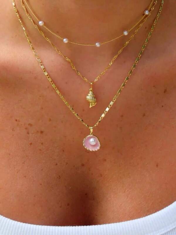 3pcs Set Minimalist Elegant Seashell Flower & Faux Pearl Necklace For Women, Suitable For Summer Beach, Dating, Party, Daily Wear (Random Shell Color)
