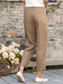 Pantalones/Pantalones capri de lino unicolor cómodos y casuales para mujer, aptos para uso diario, con cintura elástica, botón y bolsillos, para primavera, verano y otoño