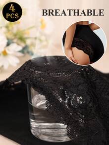 MIOTAN 4pcs Women High Waist Briefs, Lace Patchwork Jacquard Pattern, Soft & Breathable