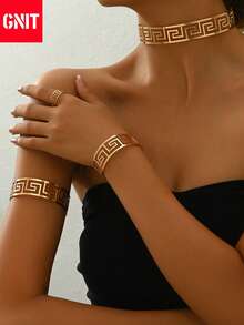 GNIT 4件套首饰，包含金色时尚镂空项圈、金色时尚镂空臂环、金色时尚镂空手链和金色时尚镂空戒指，适合女性日常佩戴。是一款高端珠宝，欧美风格朋克酷炫风格几何不对称女士头饰 - 黑色 - 查看 9