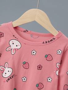 6 件套少女卡通兔子和熊全身印花轻薄长袖上衣和裤子春秋睡衣套装