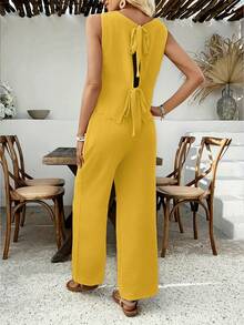 Women'S Summer Sleeveless Strapless Tie-Front Pants - Stylish Navy Blue Wide-Leg Trousers With Ruffled Hem, Perfect For Casual Or Dressy Outfits, Casual Attire|Ruffled Hem Pants|Polyester - Màu vàng - Xem 5