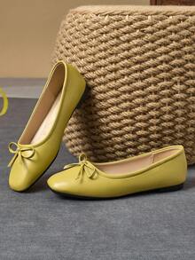 WHDXY 1 Pair Women Square Toe Soft Leather Flats, Versatile Casual Loafers Slip-On Low Vamp Soft Bottom Preppy Style Commuter Ballet Flats - Earthy Yellow - View 3