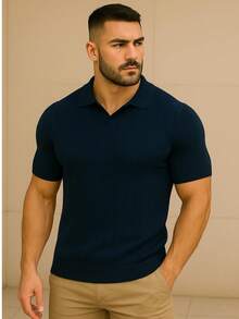 Men's Chic Lightweight Textured Knit Sweater Shirt, High Quality, Perfect For Autumn And Winter, Father's Day. - 藏蓝色 - 查看 5
