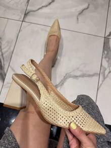 Sapatos femininos de salto alto com bico fino e cor sólida, adequados para deslocamento diário - Bege - Ver 1