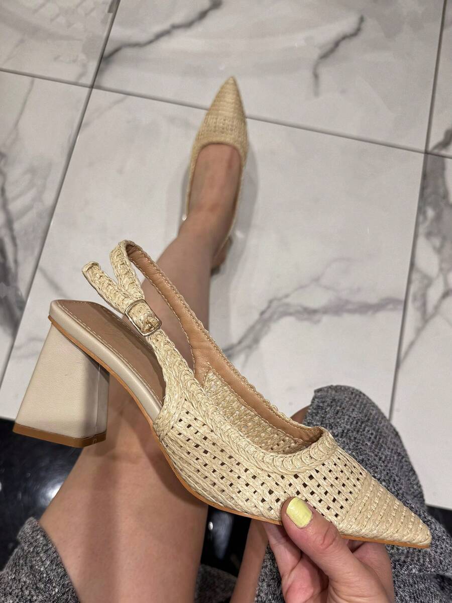 Sapatos femininos de salto alto com bico fino e cor sólida, adequados para deslocamento diário - Bege - Ver 1