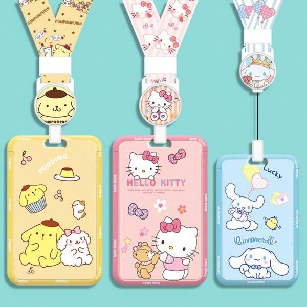 Sanrio 1-12 pezzi Porta tessere rettangolari Sanrio con cordino retrattile - in PVC, per organizzare tessere scolastiche/di transito/badge da lavoro, anti-smarrimento per studenti/lavoratori d'ufficio/bambini, ideali per estate/rientro a scuola/4 luglio, regali per amici/compagni di classe, design carino Sanrio (Porta tessere/accessori kawaii/essenziali per il rientro a scuola)