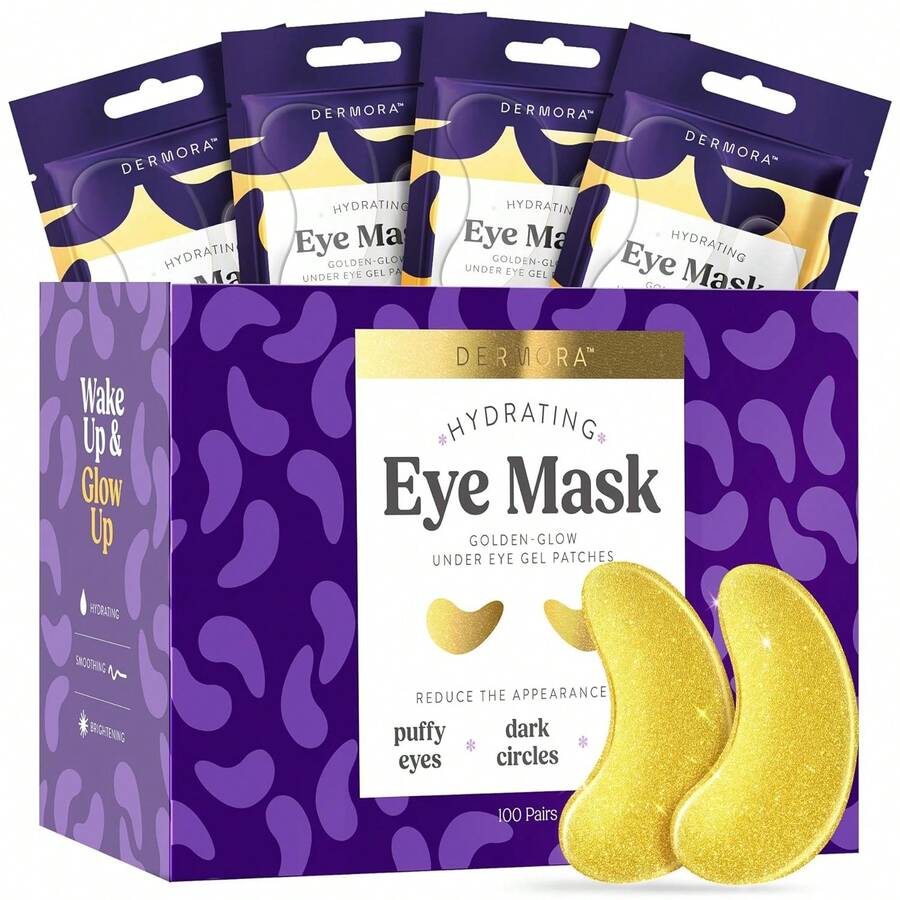 DERMORA Golden Glow Under Eye Patches (20 Pairs Eye Gels) - Rejuvenating Treatment For Dark Circles, Puffy Eyes, Refreshing, Revitalizing, Travel, Wrinkles - 100 Pack - View 1