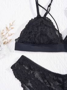 1 Set Lencería Romántica Francesa con Sujetador de Triángulo sin Relleno/sin Forro con Soporte Ligero y Braguitas, con Tirantes Ajustables, Suave y Transpirable, Encaje Sexy, Color Negro, Para Mujer
