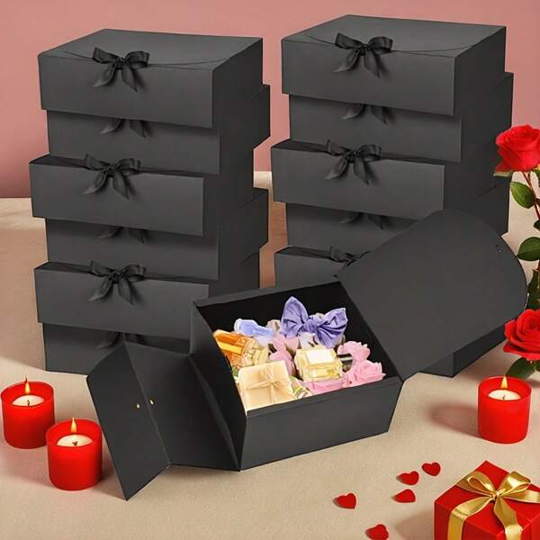 10pcs/4pcs/2pcs - Black Gift Box With Lid, Gift Box With Ribbon For Bridesmaid Proposal Box, Gift Box For Wedding, Birthday Gift, Shower Party And Other Parties, Valentine's Day Gifts, Valentine's Day,Packaging, Birthday, DIY Making, Beauty Storage BOX,Graduation Gift Packaging, Wedding Party Decoration Box Mother's Day Graduation