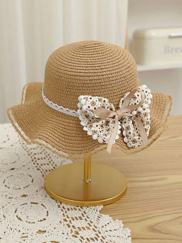 1pc Girls Cute Princess Floral Print Bow Straw Sun Hat, Princess Style Beach Hat Suitable For Daily Wear