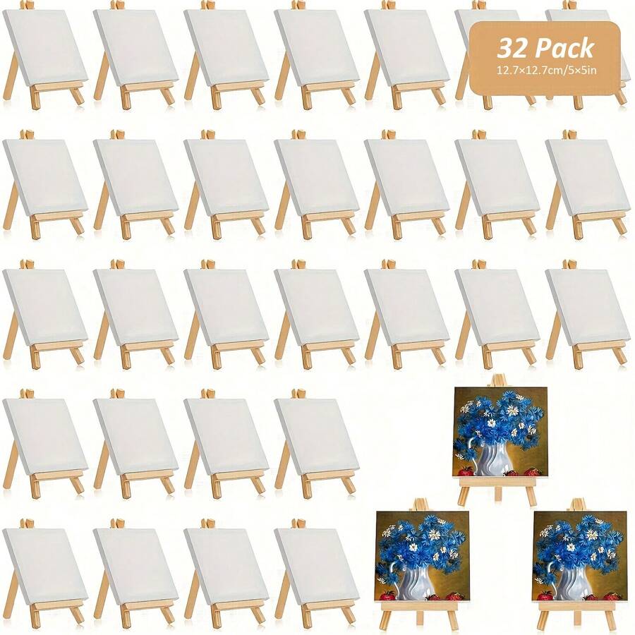 32 Pack Mini Canvases With Easel Sets For Painting Small Art Stretched Canvases Panels Pack With Wood Display Easel For Birthday Parties Back To School Easter Day Gift - 3 x 3 英寸 - 查看 1