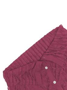 优雅女士两件套纯色长袖露肩性感荷叶边前扣短款上衣和阔腿裤套装，春季款 - 玫紅色 - 查看 3