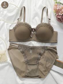 Women's Embroidered Bow Decor Underwire Bra And Panty Set - Camel - View 6