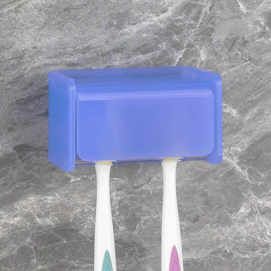 Toothbrush Holder Wall Mounted With Cover For Bathroom, 2 Slots Toothbrush Storage Organizer For Shower, Self Adhesive Toothbrush Hanger Rack For Dorm, Cabinet (White) - 藍色 - 查看 1