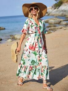 Vestido Casual De Verano Para Mujer Con Estampado De Flores Colocadas, Cuello En V, Mangas De Campana y Dobladillo Fruncido - Verde - Ver 3