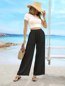 Women's Linen Palazzo Pants - Summer Boho Wide Leg High Waist Casual Lounge Bottoms 2025 Beach Travel Vacation Outfits - 黑色 - 查看 3