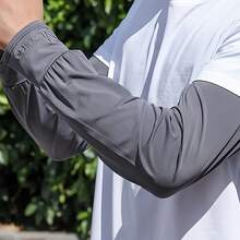 1 Pair Of UV Protection Cooling Arm Sleeves For Men And Women - Breathable Half-Finger Sun Protection Arm Sleeves With Sweat-Absorbing Fabric, Non-Slip Elastic Cuffs, Suitable For Outdoor Sports, Hiking, Running (Black/White) - Dark Grey - View 8
