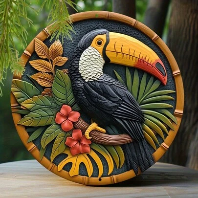 1 pieza de 8 pulgadas de arte de pared de metal de tucán en 2D plano - Diseño tropical vibrante de flores y pájaros, letrero resistente a la intemperie para exteriores con relieve 2D, perforado previamente para un colgado fácil, orientación vertical, decoración de jardín, ilustración detallada, 2D plano