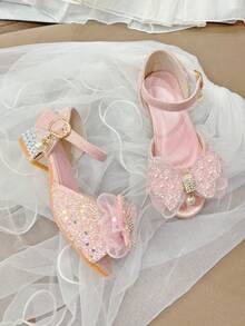 Sandalias de tacón alto rosa para niña con decoración de mariposa brillante, zapatos de vestir de princesa - Rosa - Ver 4