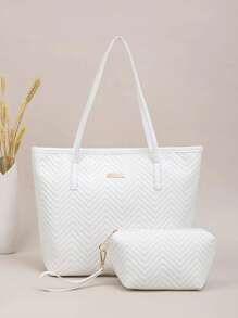 2 piezas Bolsa de tela acolchada con patrón de ola de gran capacidad, bolso de hombro de estilo vintage geométrico, bolsa de compras con monedero para mujeres