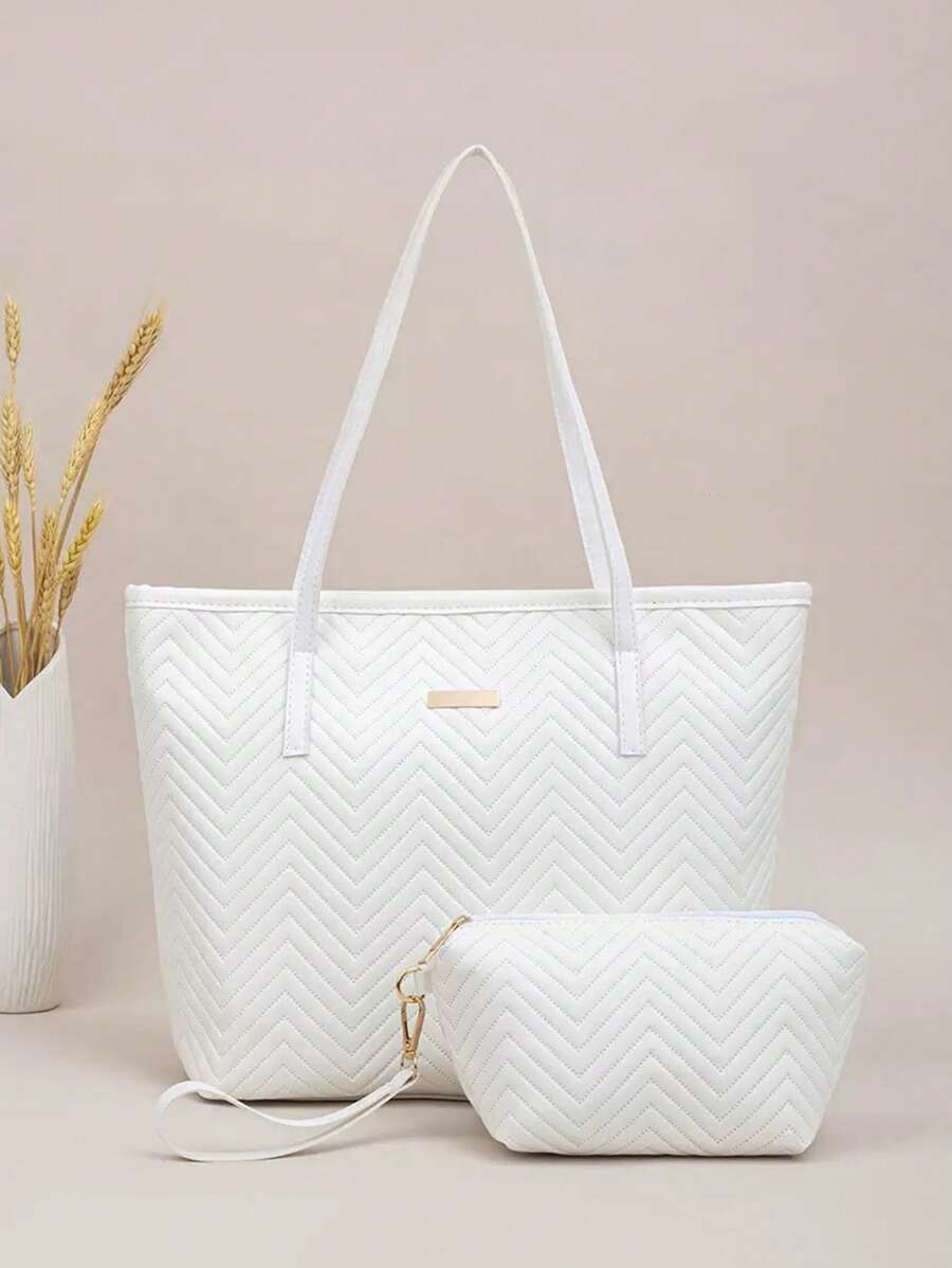 2 piezas Bolsa de tela acolchada con patrón de ola de gran capacidad, bolso de hombro de estilo vintage geométrico, bolsa de compras con monedero para mujeres