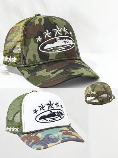 1pc Summer Mesh Breathable Camouflage Star Embroidery Baseball Cap, Sun Visor Hat Suitable For Outdoor, Travel, Sports