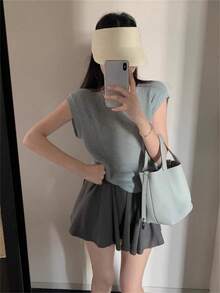 针织吊带短袖T恤女夏季新款小众镂空无袖冰丝短款上衣 - 淺灰色 - 查看 4